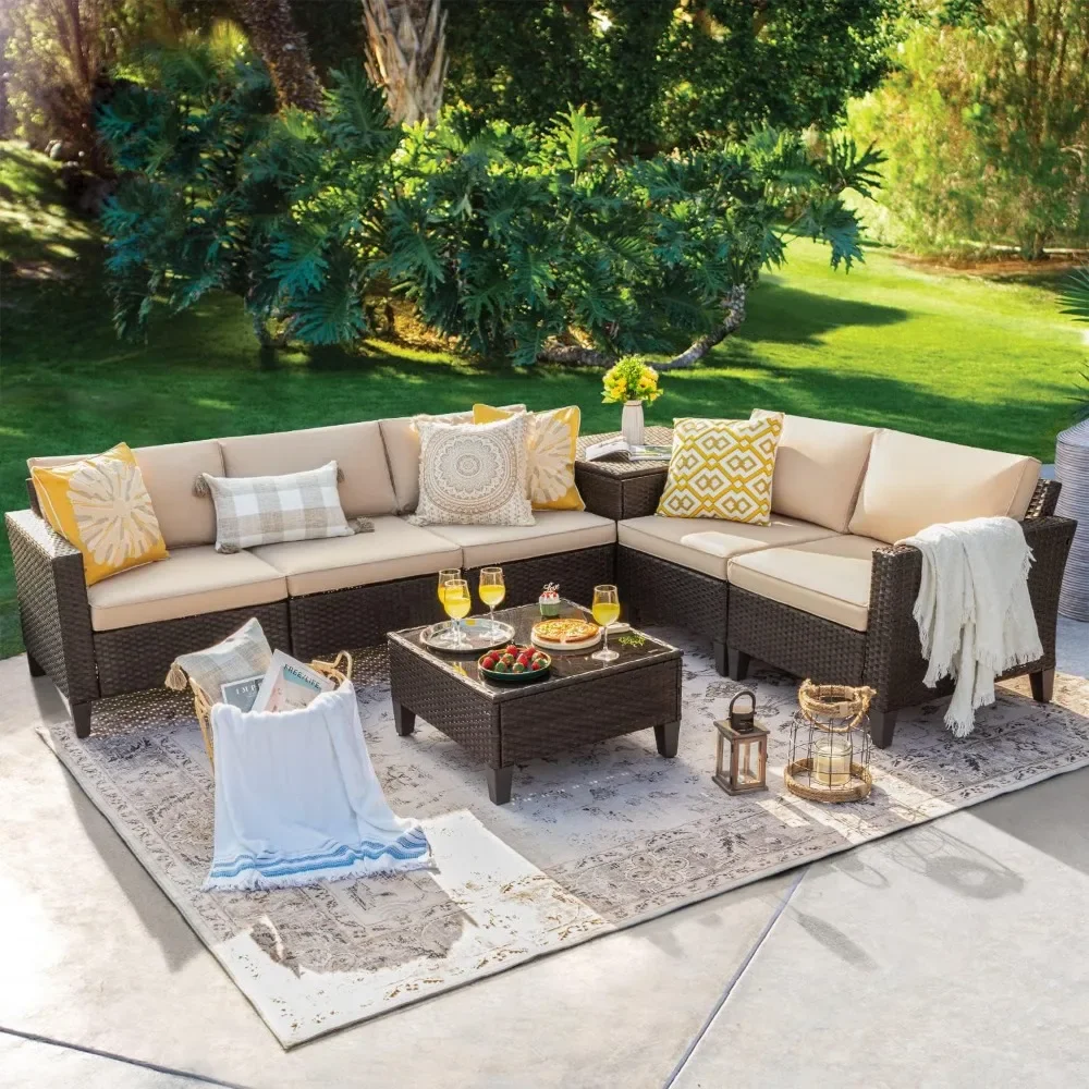 

Garden Furniture 5 Piece Set, Wicker Sectional Sofa with Thick Cushions & Tempered Glass Table, Patio Couch Conversation Set