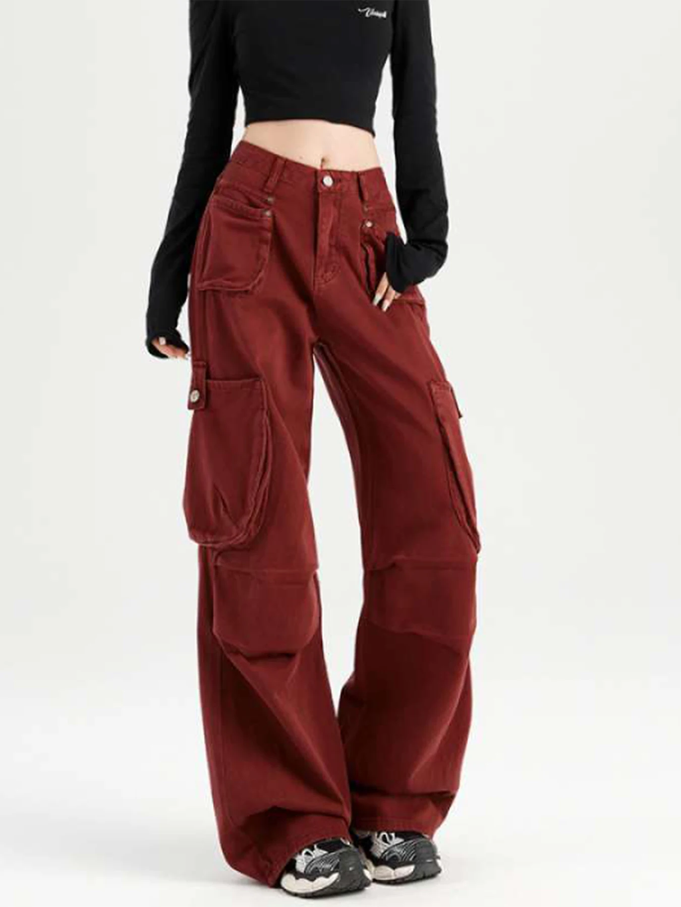 

American Angora Red Dyed Overalls Autumn High Waist Multi-Pocket Loose Wide Legs