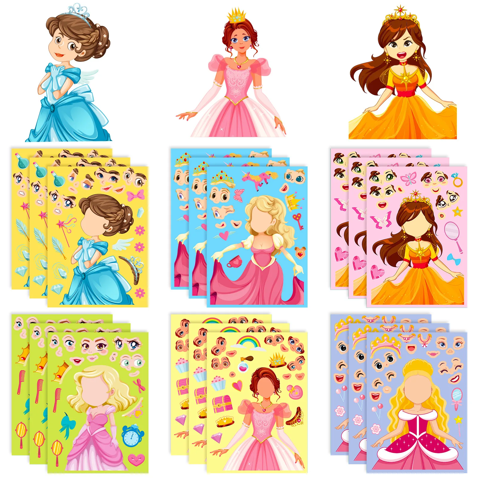 6 Pieces/Pack Of Princess Stickers Make A Face Stickers For Kids Scraping Book Decoration Toy Gift For Girls