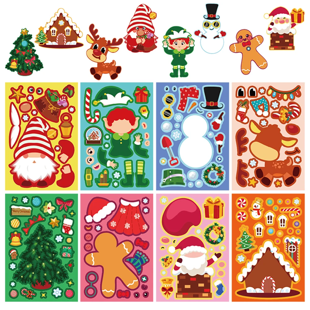

8/16sheets Cute Christmas Theme Puzzle Stickers Cartoon Santa Claus Snowman Make a Face DIY Assemble Jigsaw Educational Decals