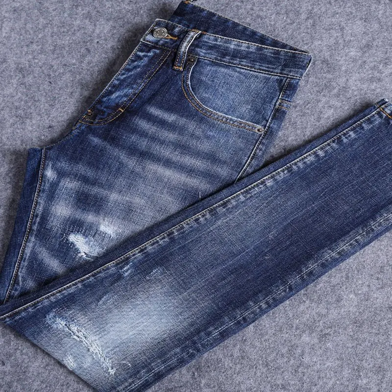Fashionable new men's jeans with torn hole patches washed, nostalgic stretch, slim fit, blue jeans, hip-hop brand pants, hombre