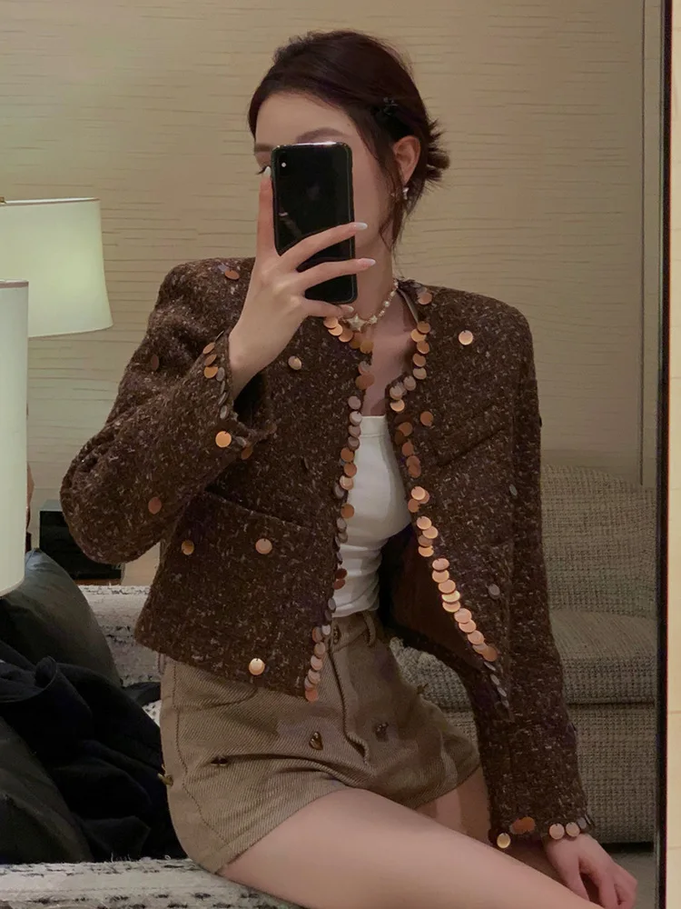 New Fashion O-neck Sequins Jackets Autumn Winter Women's Long Sleeve Pockets Tweed Bawics Open Stitch Jackets Outerwear