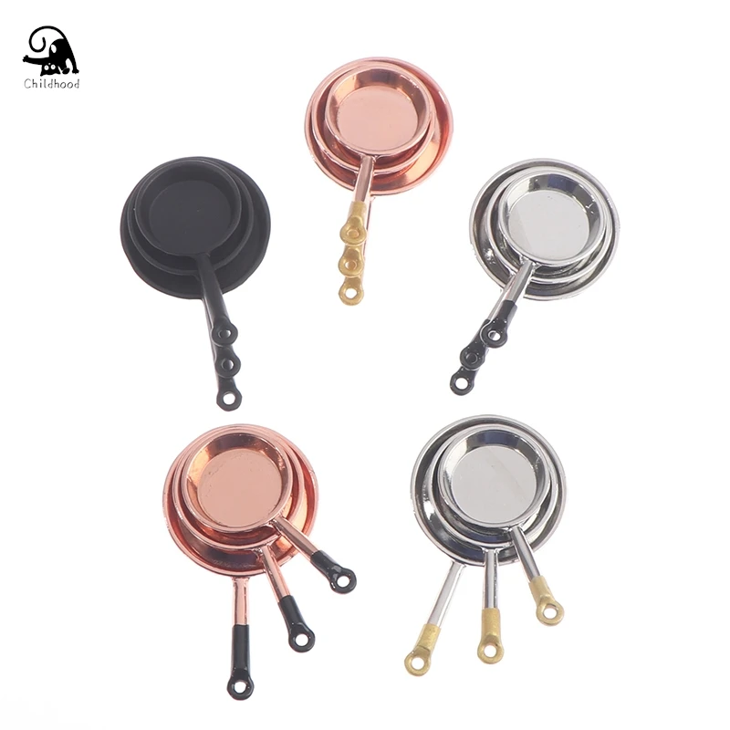 3 pçs 1/12 casa de bonecas em miniatura acessórios mini panela metal simulação móveis cozinha pan modelo brinquedos para decoração casa boneca