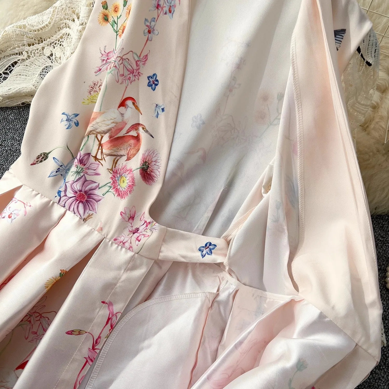 Retro Bandage Lace Up Wrap Dress Women's V-Neck Long Sleeve Crochet Lace Patchwork Thick Satin Flower Print Long Party Vestidos