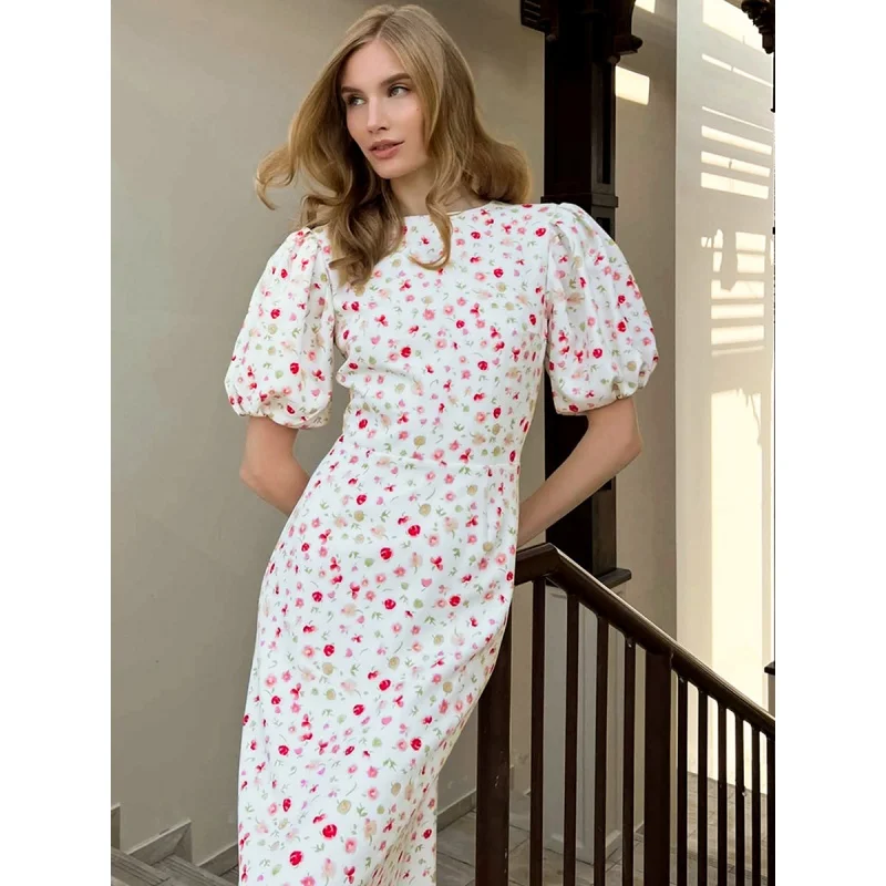 French Style Vintage Floral Dress for Women 2024 Spring New Elegant Bubble Sleeve Fishtail Dress High Waist Dress Fengsb