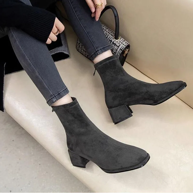 Ankle Boots for Women Spring Autumn Gray Black Women\'s Shoes Chunky Middle Heel Suede Short Botas Square Toe Back Zip Botines