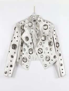Nerazzurri-女性用の短い透かし彫りPUレザージャケット,エレガントなリベット,高級,デザイナーの服,春,秋,2022