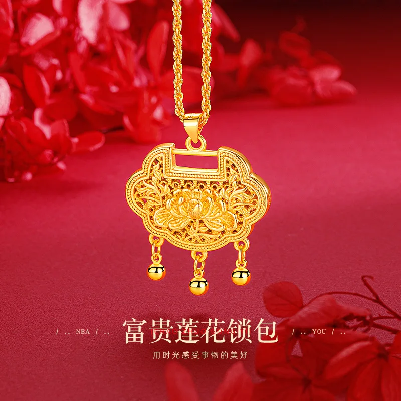 

9999 Real Gold 24K Ancient Lotus Longevity Lock Pendant New Chinese Silk Hollow Rich Lotus Lock Bag Bell Necklace