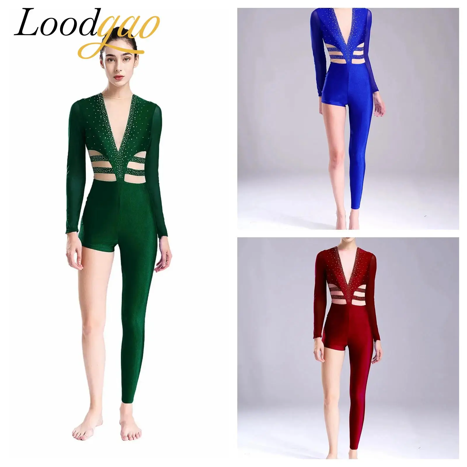 

Acrobatics Bodysuit Womens Rhythmic Gymnastics Jumpsuit Sheer Mesh Long Sleeve Asymmetrical Keyhole Back Ballet Dance Leotard