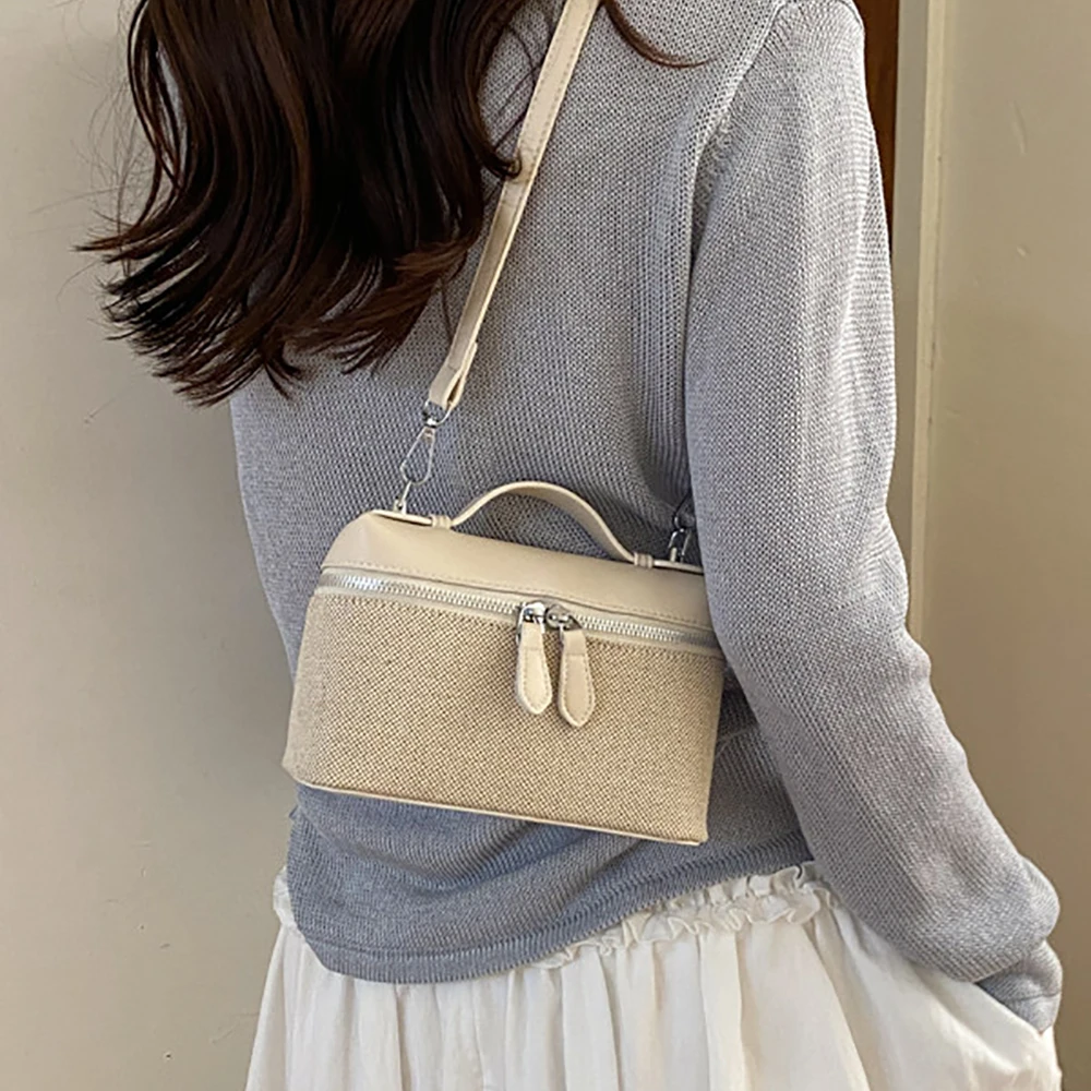 Ladies Crossbody Bag PU Leather Splicing Fabric Contrast Color Shoulder Bags Fashion Texture Versatile Practical Daily Handbags