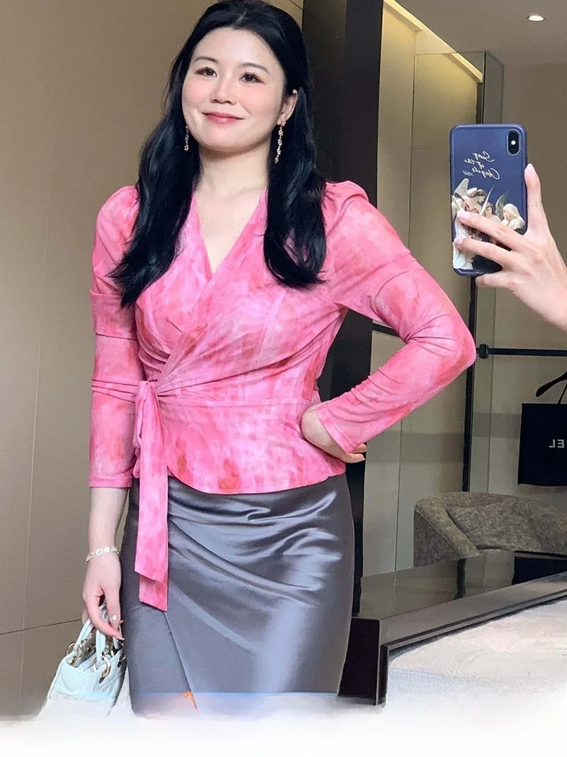 

Mole Large Size irt Spring Summer New Sle V-Ne Printed Lace Design Commute Micro Fat Tie Design Long Sve Women's Top