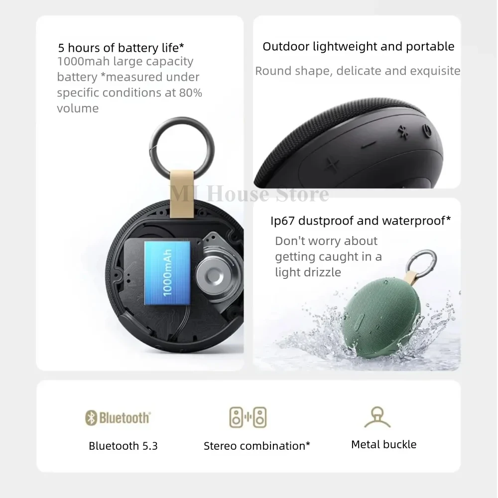 Xiaomi Redmi سمّاعات بلوتوث 2 محمول IP67 مقاوم للماء TWS مكبر صوت خارجي 1.5 بوصة مع مشبك معدني قابل للإزالة فتحة microSD