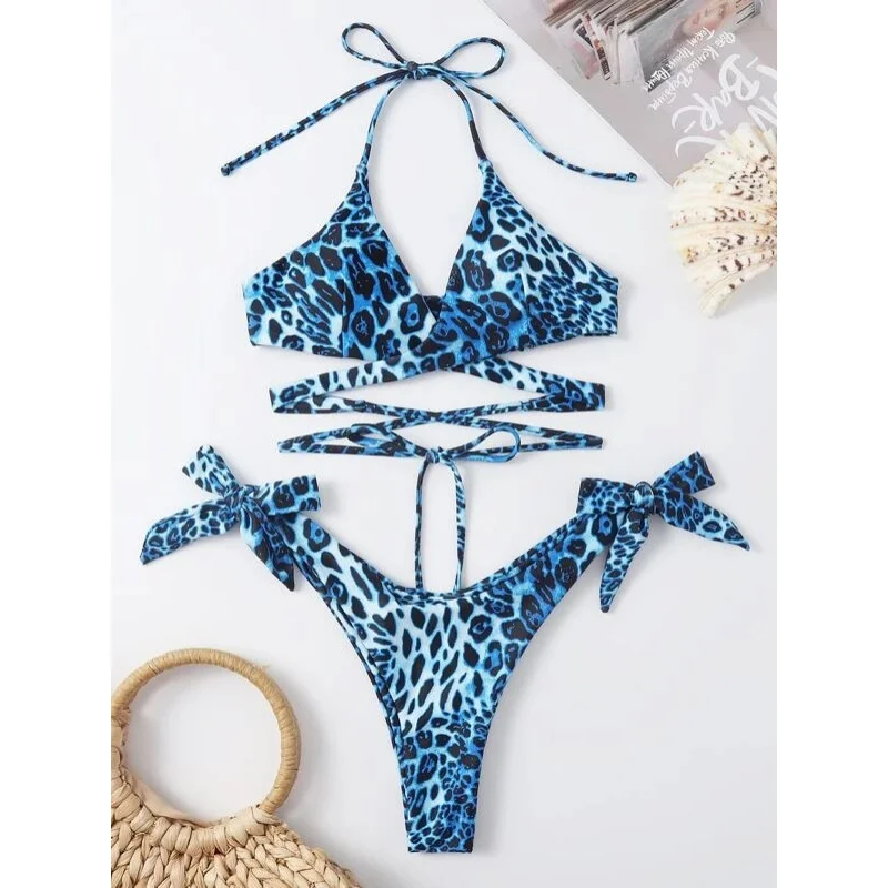 New Bikini Lady Sexy Leopard Print Bandage Lace-up Split Swimsuit Hot Sale