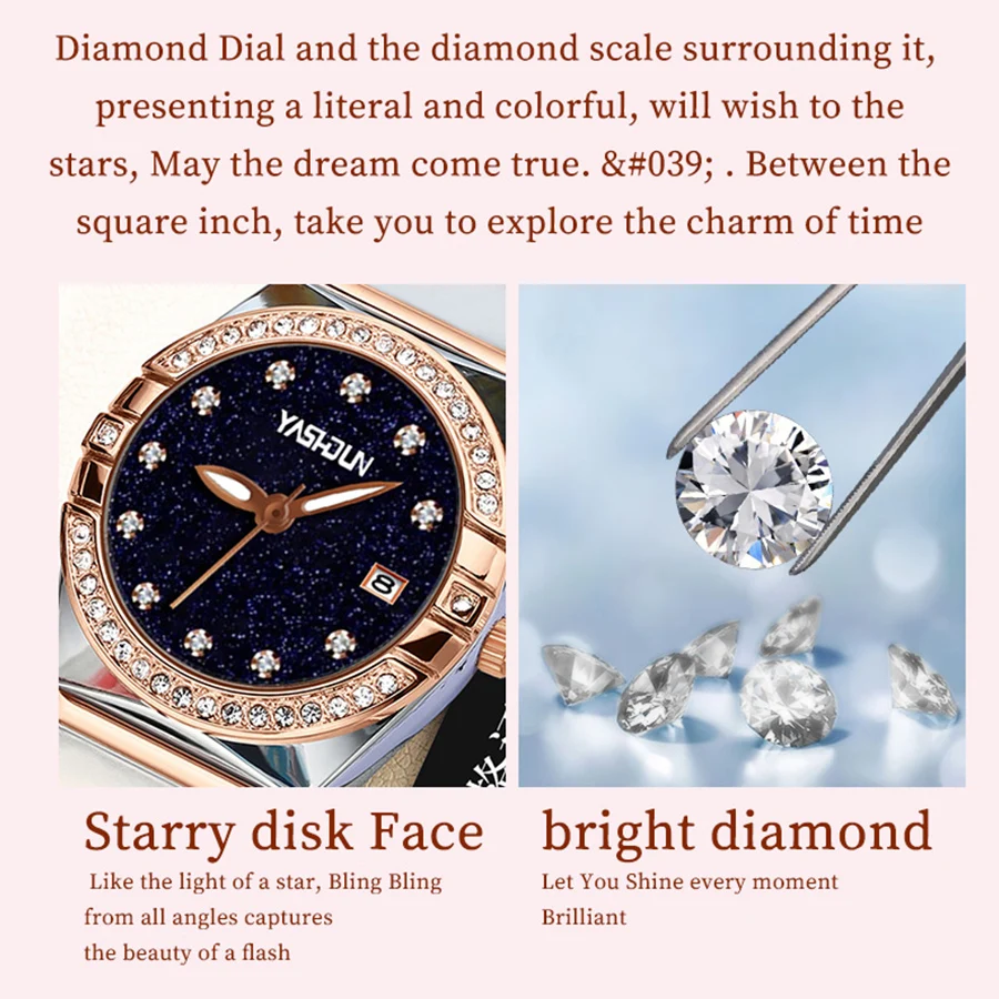yashidun relógios femininos de luxo marca diamante relógio luminoso à prova dwaterproof água aço inoxidável quartzo mulher relógio elegante rosa ouro