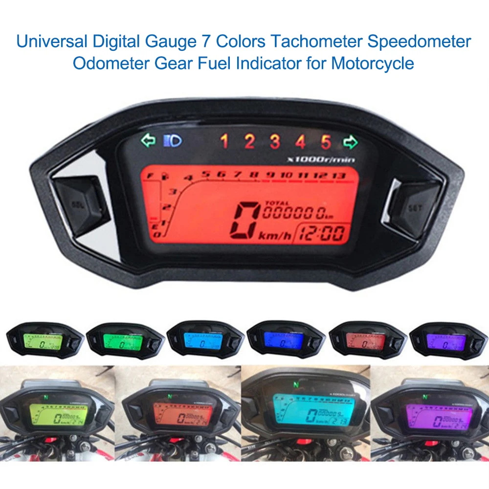 

LCD Digital Universal Digital Gauge 7 Colors Tachometer Speedometer Odometer Gear Fuel Indicator for Motorcycle