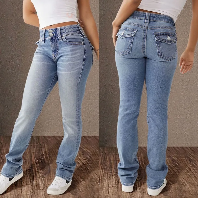 

2025 Spring New Double Breasted Mid Waist Straight Leg Slimming Light Blue Jeans Women Elegant Versatile Long Pants