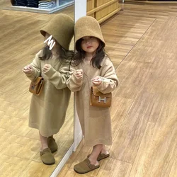 Children Clothing 2024 Autumn Winter Girls Knit Dress Korea Style New Fashionable Casual Loose Hooded Sweater Dress for Girls