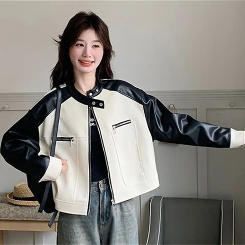 ربيع الخريف السيدات المرقعة بولي معطف معطف جلد ريترو المرأة موضة فو الجلود أبلى 2025 فام الترفيه المرقعة القمم سترة