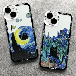 Retro Oil Painting Van-Gogh Black Cat Phone Case for iPhone 15 14 13 12 11 Pro Max Mini 7 8 Plus SE X XS XR Silicone Art Covers
