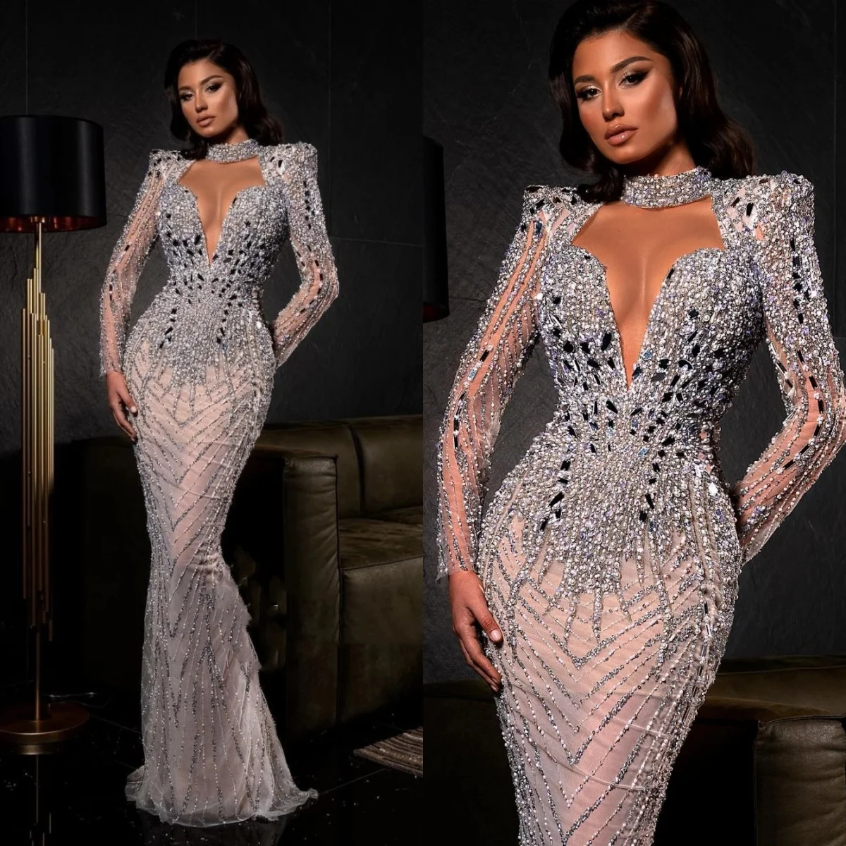 

Gorgeous Crystal Prom Dresses Elegant High Neck Sequined Evening Dress Floor Length Long Sleeve Party Gown Customized