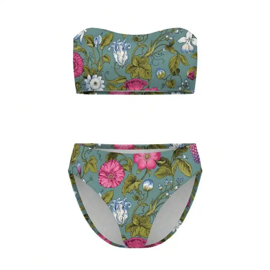 

Strapless Floral Print Bikini Set With Built-In Pads Triangle Top