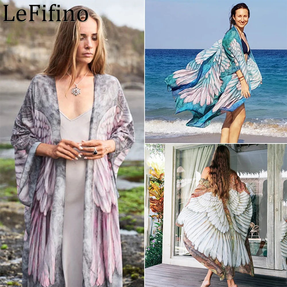 Summer Fashion Chiffon Loose Fitting Wing Printing Cardigan Beach Vacation Dress Sun Protection Long Skirt Bikini Cover Up Women