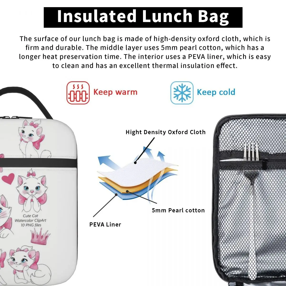 Custom Manga Resuable Lunch Box for Women Leakproof Marie Cat Collage Cooler Thermal Food Insulated Lunch Bag Kids School