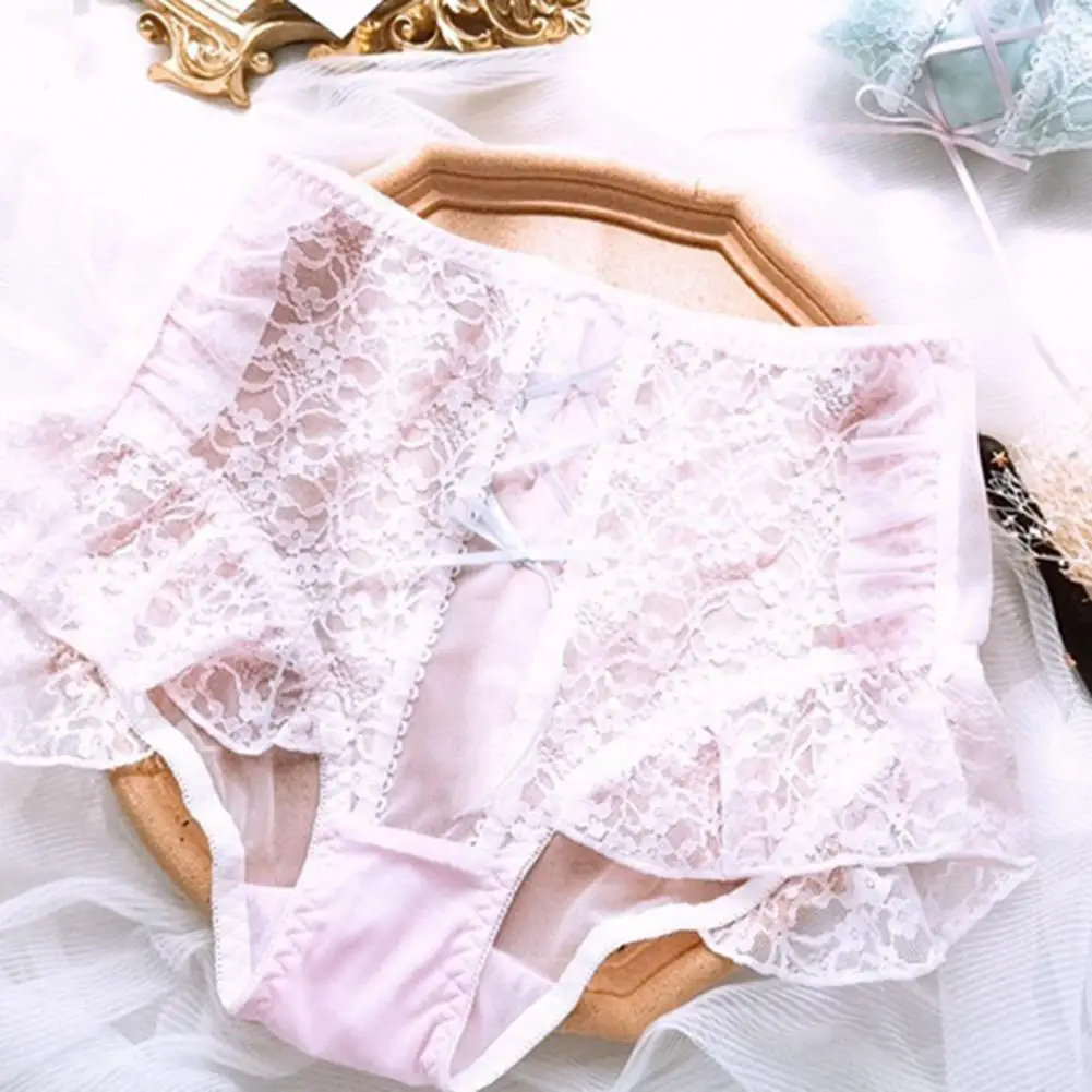 Sexy Maid Women Panties Ultra-Thin Lace Trim Mesh Yarn Panties Japanese Style Sweet Cross Lace-up Bowknot Decor Briefs Underwear