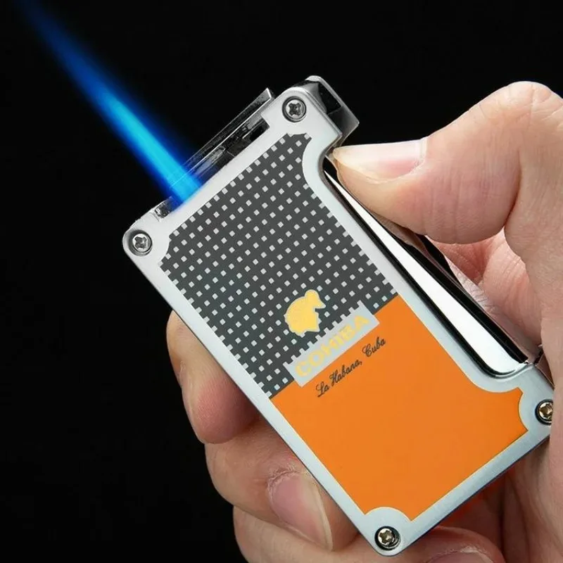 

COHIBA Cigar Lighter Metal Direct Spray Blue Flame Portable Butane Gas Windproof Lighter W Cigar Punch Knife Cigar Accessories