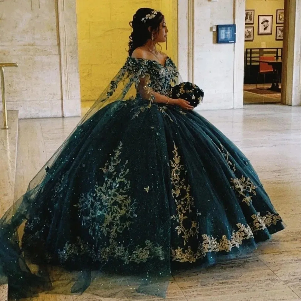 ANGELSBRIDEP vestido De quinceañera con purpurina, hombros descubiertos, apliques De flores en 3D, fiesta Formal De cumpleaños De princesa, 15 años