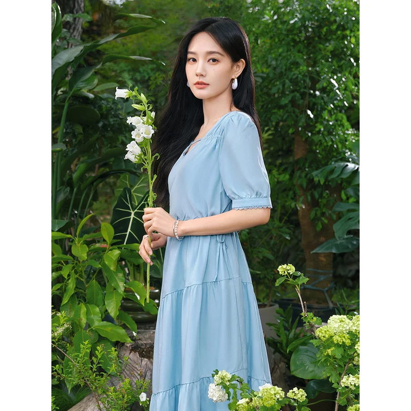 INMAN Women Dress 2023 Summer Puff Sleeve Design V Neck A-shaped Drawstring Waistband French Literature Green Blue Black Skirt