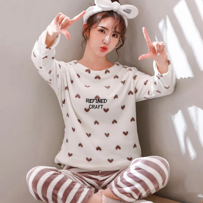 Flannel Pajama Sets Women Lovely Printed Long Sleeve Tops Full Length Pants Cozy Thicker Nightwear Students Leisure Lounge Chic