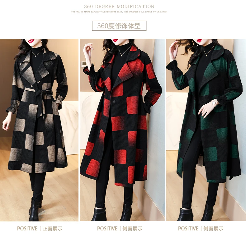2024 Autumn/Winter New Checker Printed Woolen Coat Coat for Women\'s Loose Large Printed Waist Belt for Slim and Long Coat