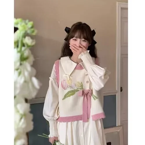 여성용 스트라이프 스웨터 조끼 용수철, 루즈 폴로 넥 니트 스웨터, 민소매 따뜻한 조끼, 풀오버 상의, 아우터 웨어, 2024 가을 신상  Best5