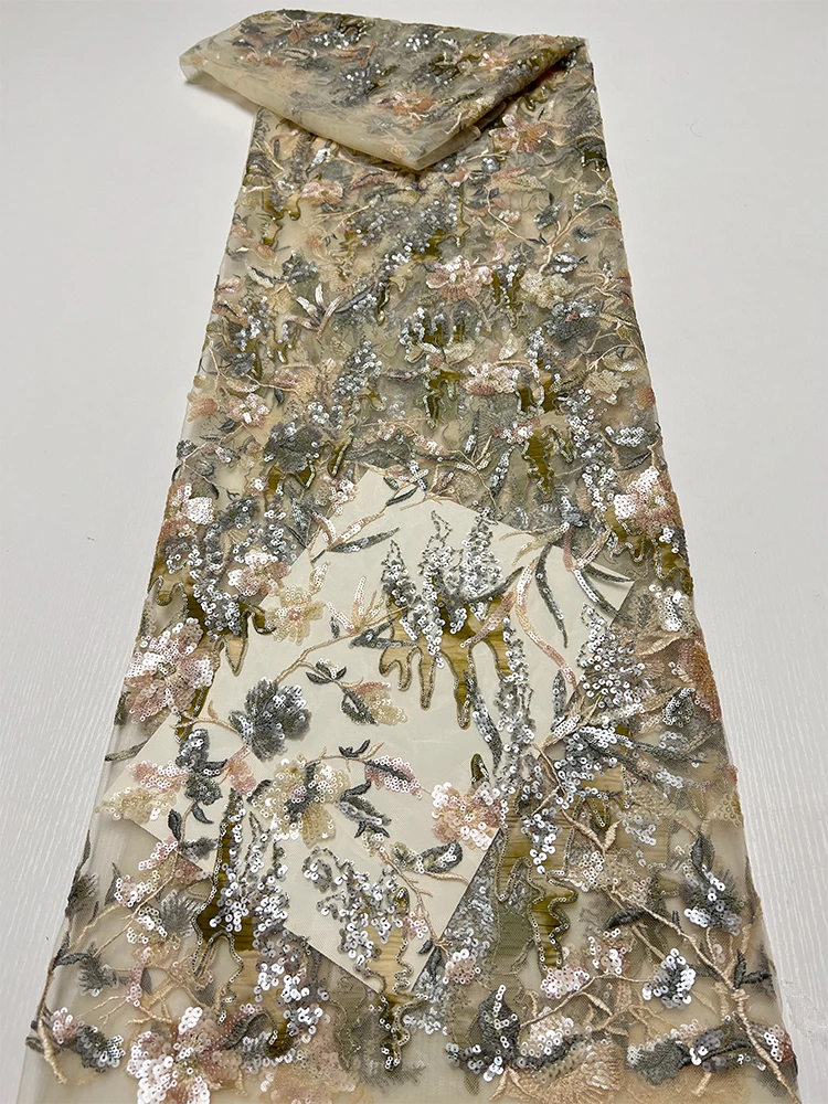 

Кружевная Тюлевая ткань цвета слоновой кости в этническом стиле, разноцветная, с цветочным узором Le, вышивка бисером, материал Dr, одежда