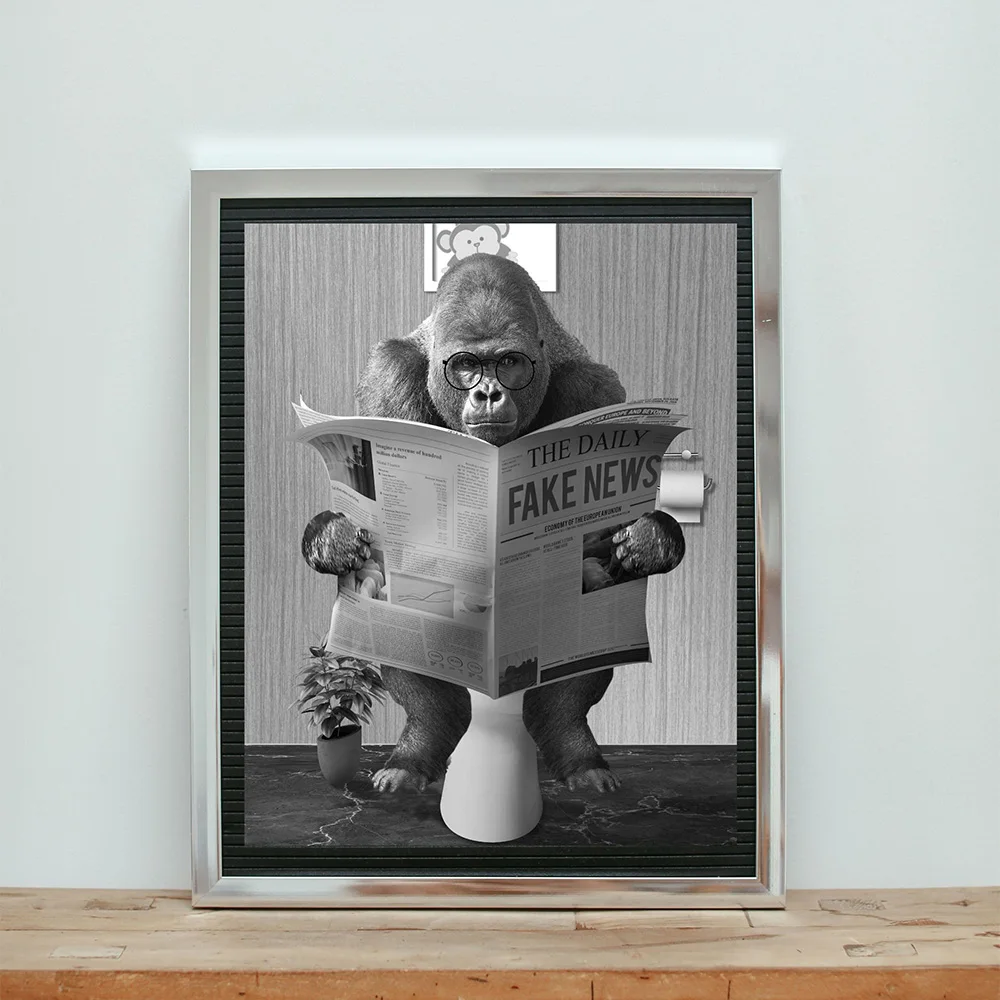 Funny Gorilla Business Poster and Print On The Wall Reading Newspaper Painting Washroom Restroom Decor Black White Art Picture