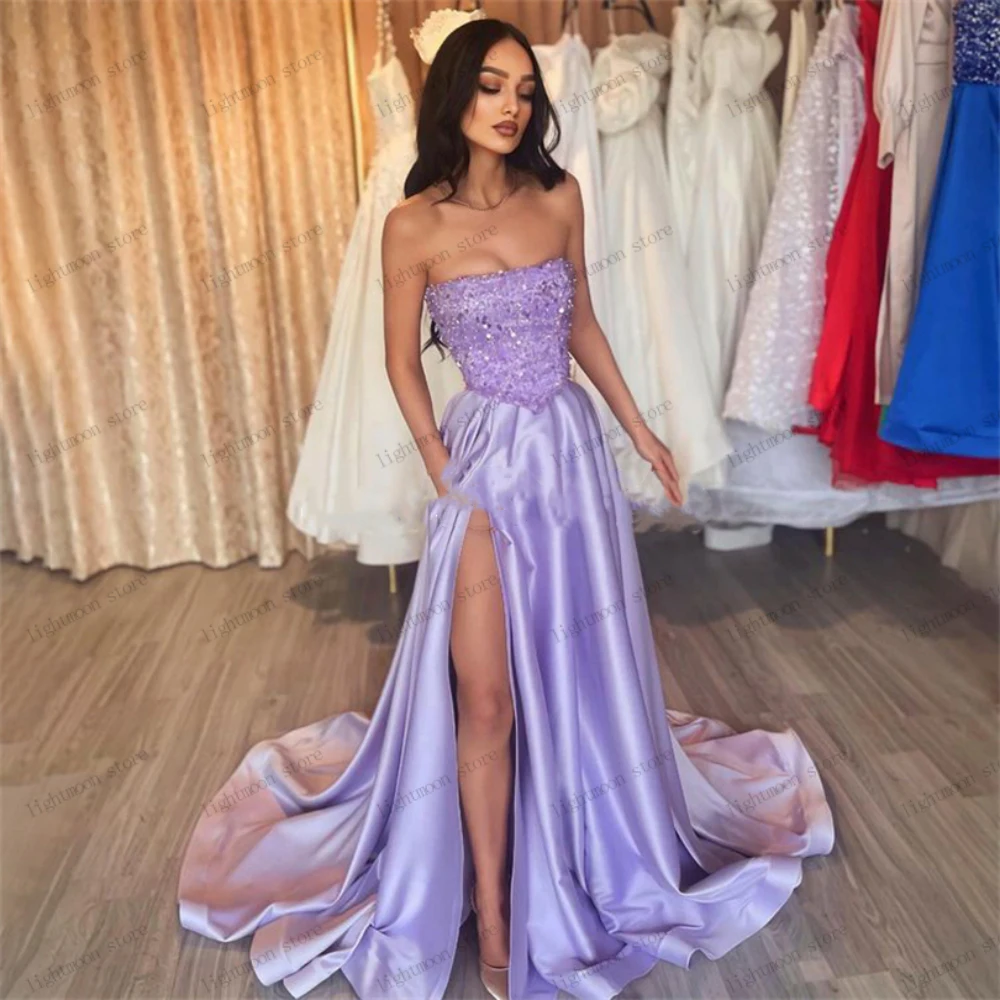 

Romantic Evening Dresses Purple Prom Dress Sexy Strapless High Slit Sheath Mermaid Sweep Train Robes Graceful Vestidos De Noche