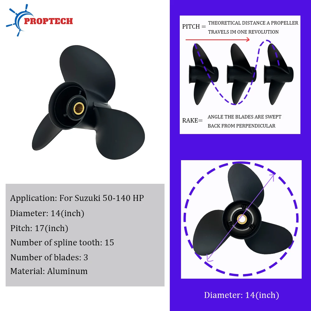 Boat Propeller 14x17 For Suzuki 50 60 70 90 100 115 140hp Outboard Screw Boat Motor Aluminum Propeller 3 Blade 15 Spline