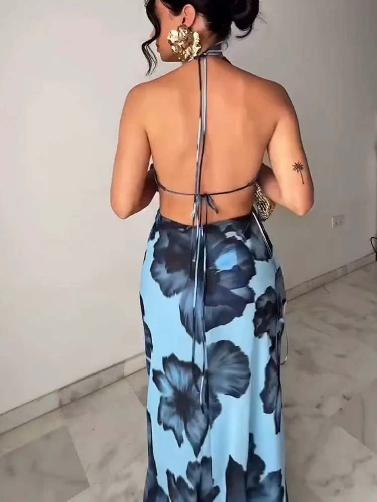 TFMLN Frauen Halter Kleid Neue Sommer Sexy Backless Floral Print V-ausschnitt Kleider Streetwear Fashion Halter Lace-up Kleid Kleidung
