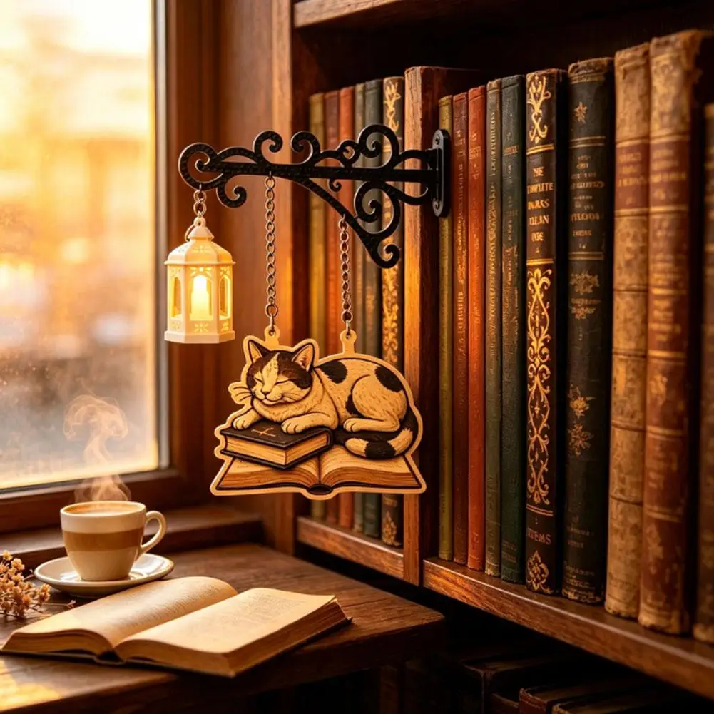 Wooden Bookshelf Lantern Light Library Home Decoration Atmosphere Lamp Creative Cat Design Iron Craft Bookshelf Lighting Lantern