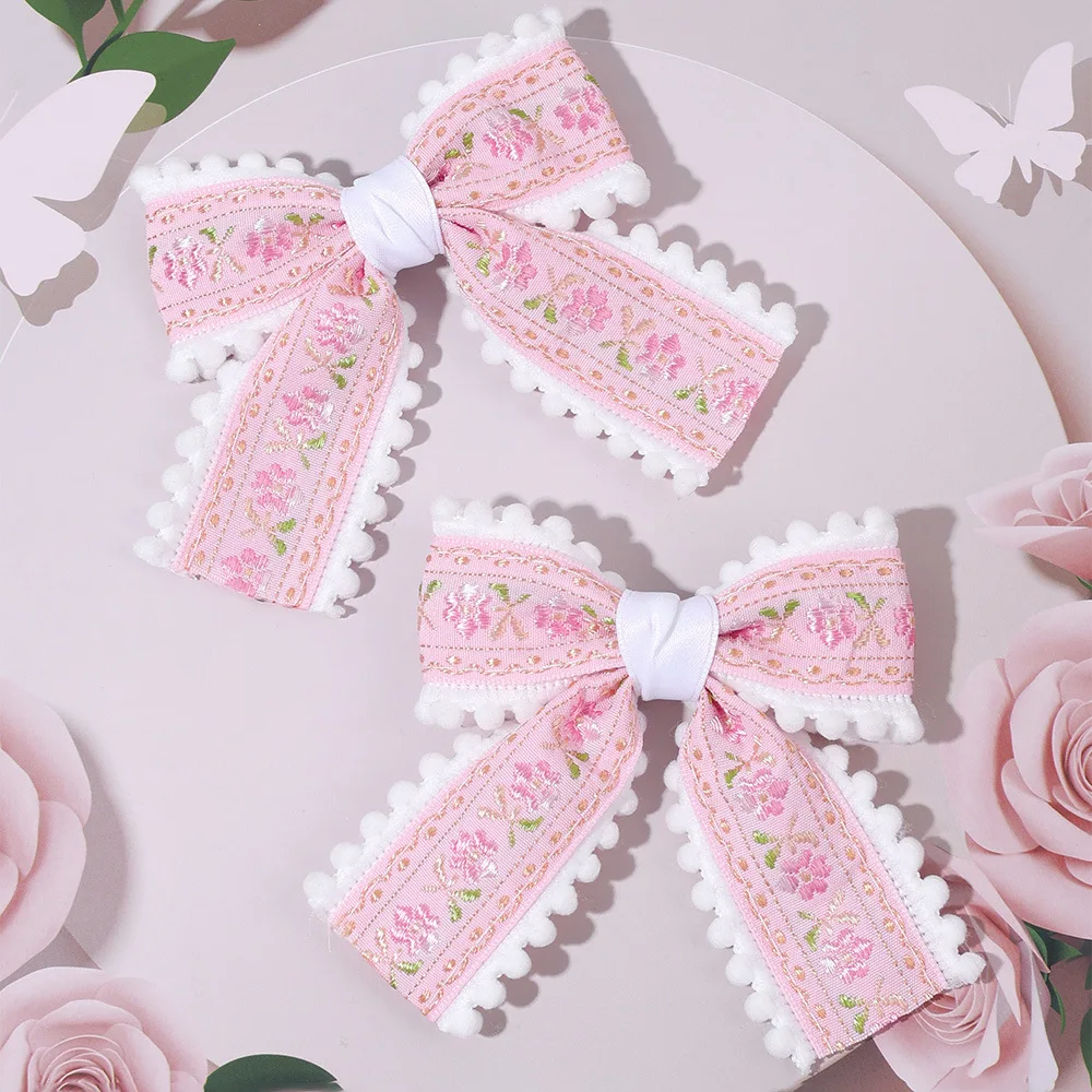 Bulk 36pcs Pink Embroidery Bow Hair Clips for Girls Kids Spring Barrettes Pom Pom Hairgrips Children's Hair Accessories Headwear