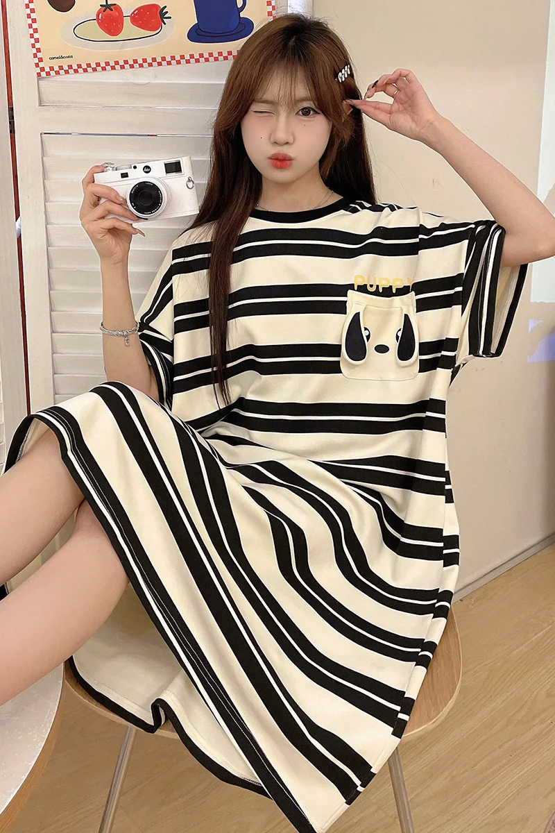 

Striped round neck women's summer pocket cute little ears big size can be worn outside sweet nightgown home clothes