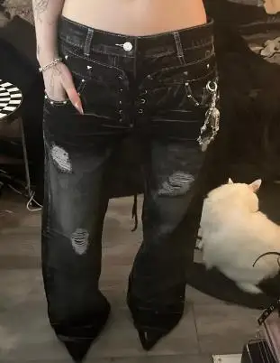 Jeans da uomo a doppia vita svasati micro gotici, pantaloni in denim con lacci lavati Y2K da uomo, pantaloni da donna streetwear