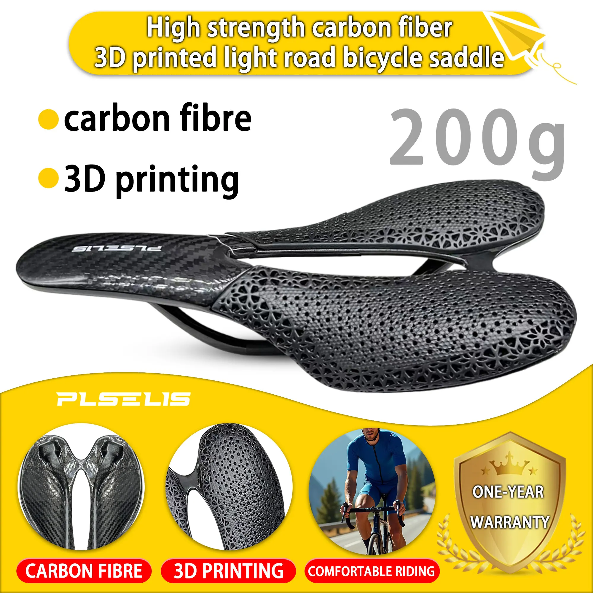 

Plselis 3D printed road bike seat carbon fiber lightweight hollow breathable design, weighing only 200g road bike saddle.