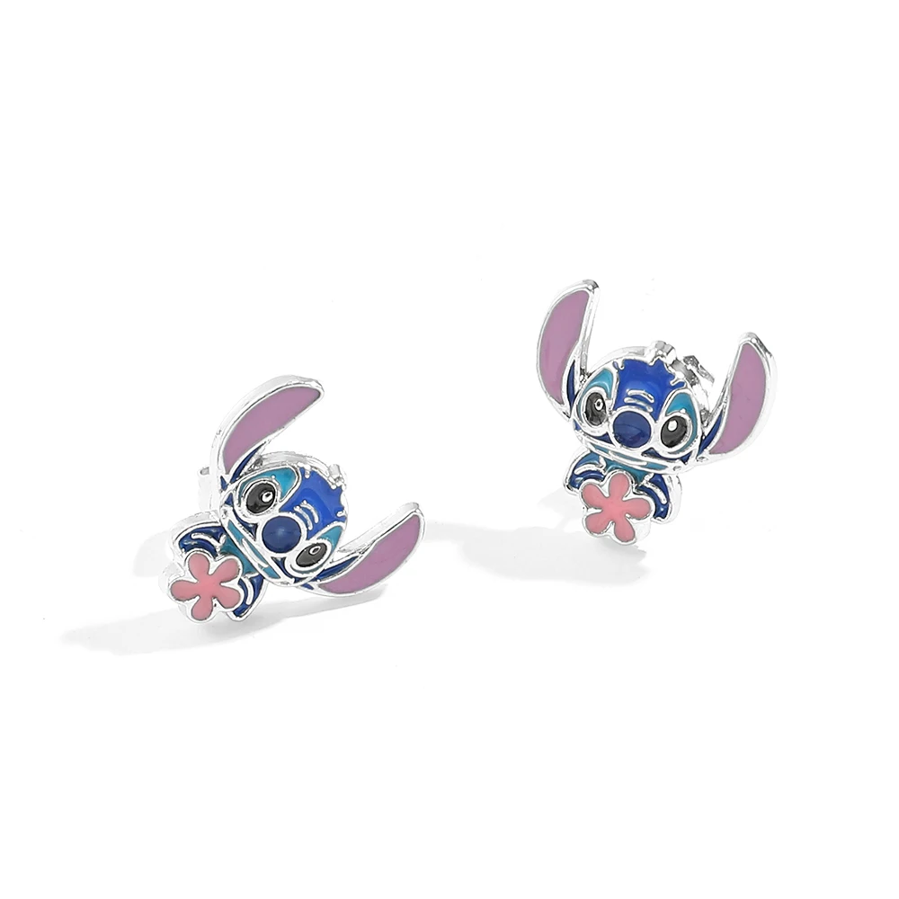 Disney Cute Cartoon Stitch with Flower Stud Earrings for Women Teen Girls Lovely Ear Accessories Jewelry Gifts for Fans