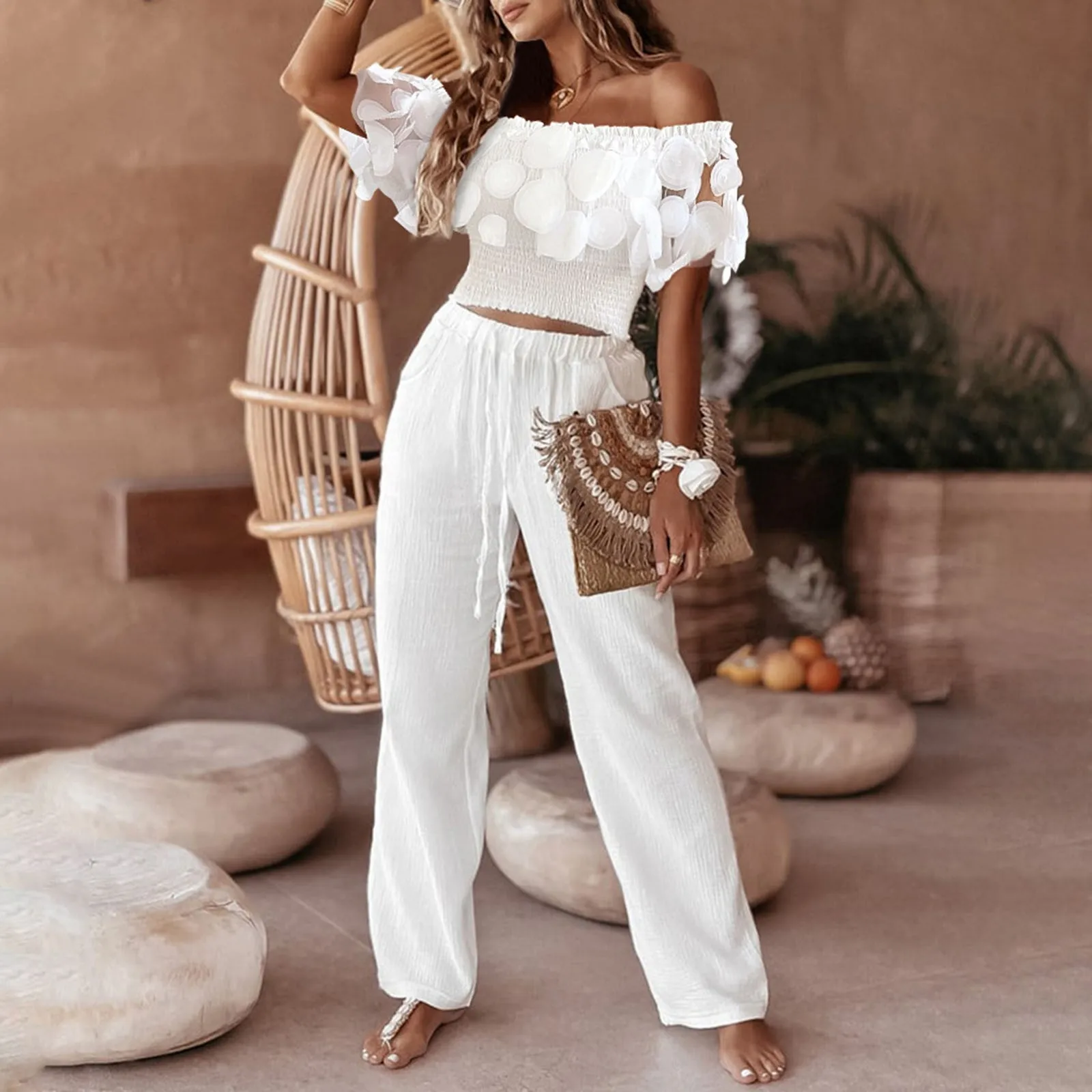 

Women's New One-Shoulder Halter Top and Trousers Set Ladies White Ruffled Strapless Top and Lace-Up Trousers Two-Piece Set