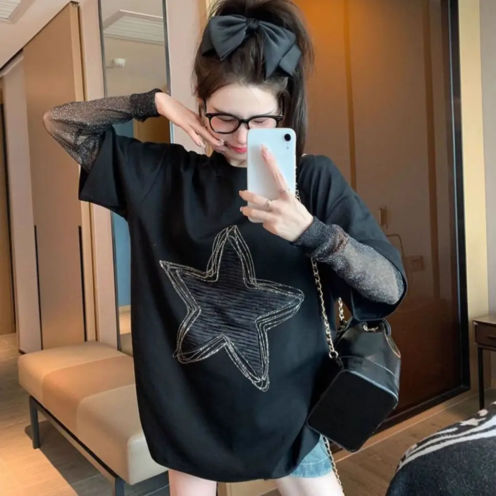 Camiseta holgada de manga larga con malla, Vintage americano, primavera y otoño