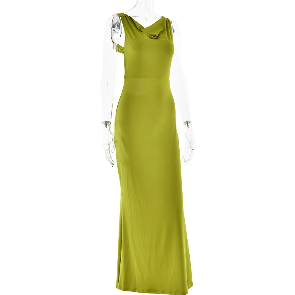 YUZHEXI back low cut green sundress fashion sleeveless slim draped vacation dress - view 4