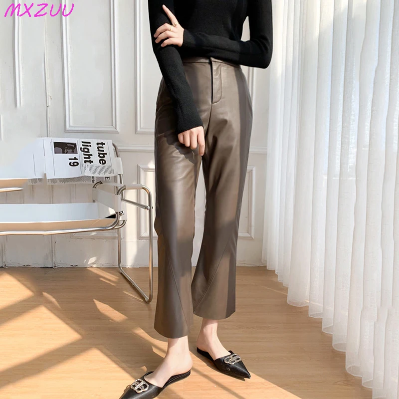

Genuine Leather Ninth Pants for Women Autumn Sheepskin Micro Flared Trousers Elastic Waist Slim Streetwear Pantalones De Mujer