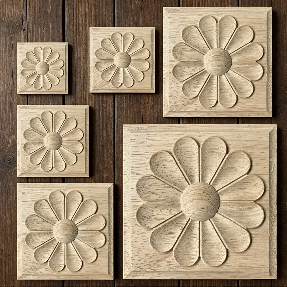 10PCS 5/6/8/10/12/15CM Wood Carving Figurines Floral Pattern Patch Furniture Door Flower Background Wall Cupboard Decoration